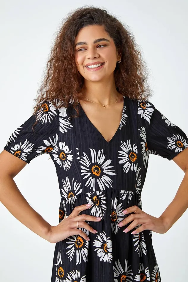 Women Black Daisy Frill Hem Midi Dress Roman Dresses