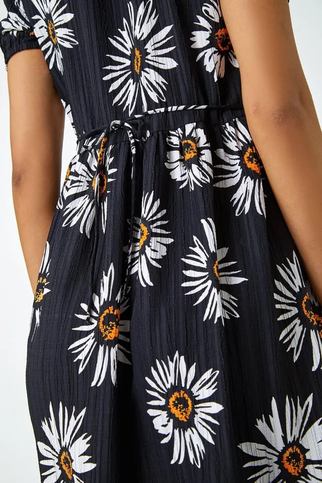 Women Black Daisy Frill Hem Midi Dress Roman Dresses
