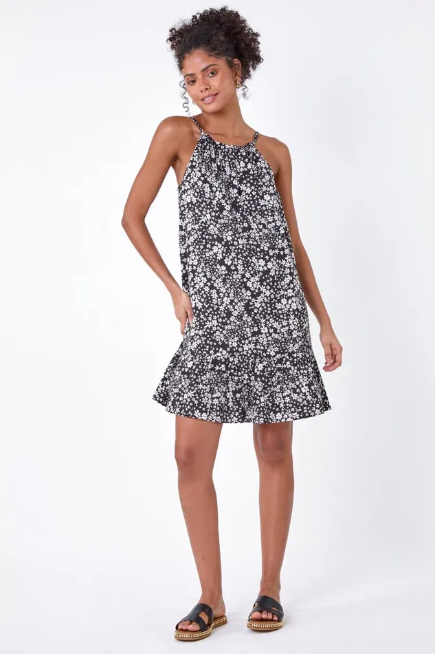 Women Black Ditsy Floral Frill Hem Dress Roman Dresses