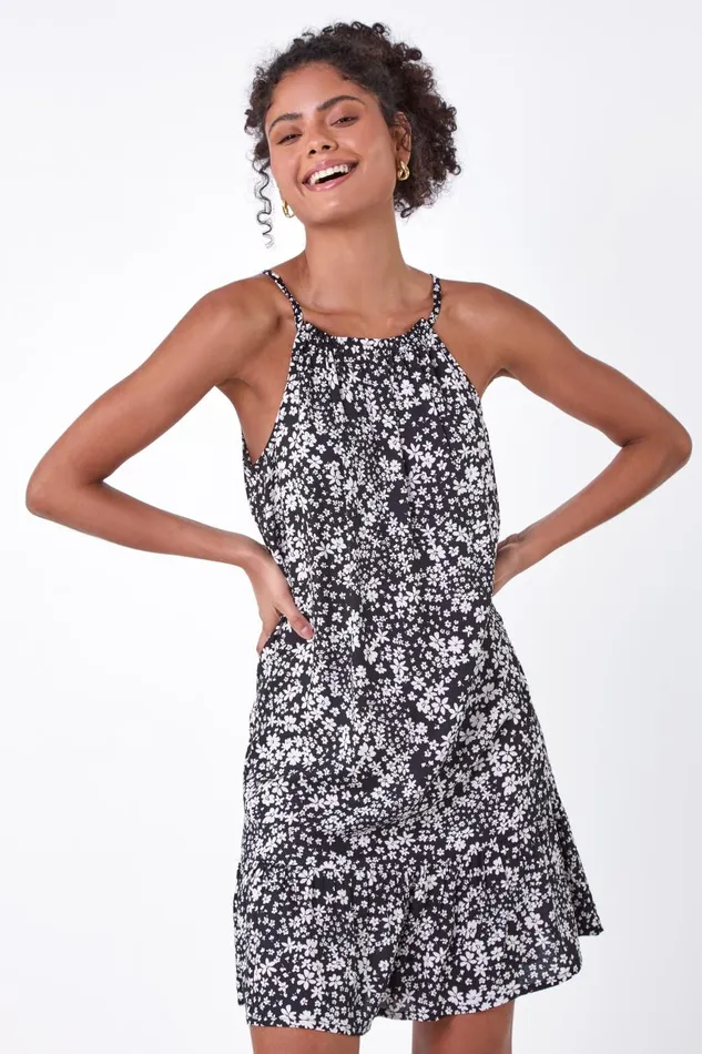 Women Black Ditsy Floral Frill Hem Dress Roman Dresses