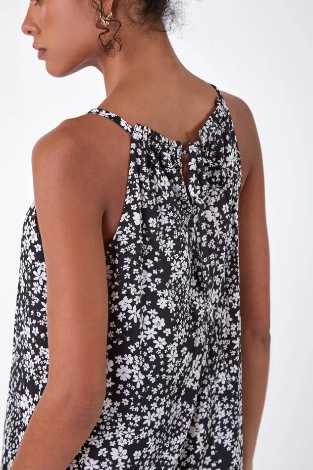 Women Black Ditsy Floral Frill Hem Dress Roman Dresses