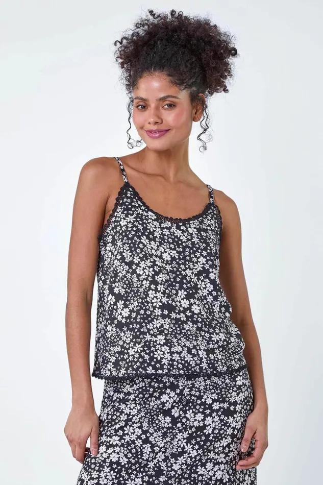 Women Black Ditsy Floral Lace Trim VNeck Top Roman Tops