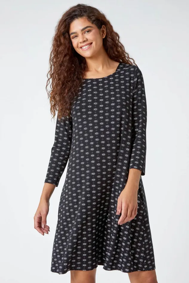 Women Black Ditsy Print Swing Stretch Dress Roman Dresses