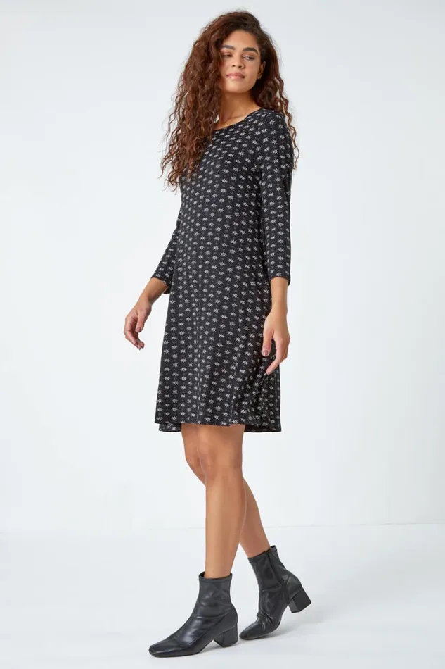 Women Black Ditsy Print Swing Stretch Dress Roman Dresses