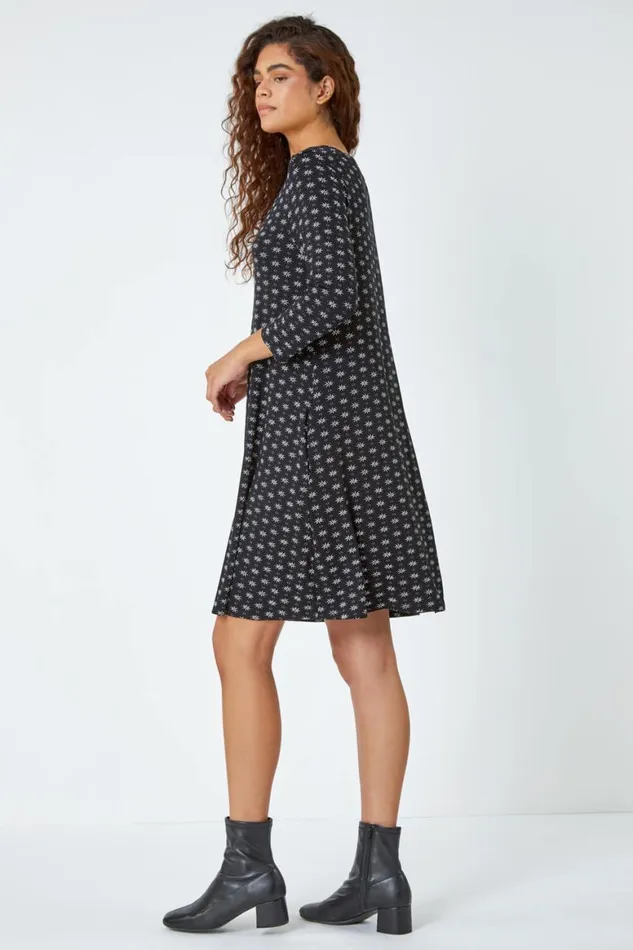 Women Black Ditsy Print Swing Stretch Dress Roman Dresses