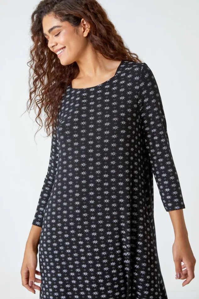 Women Black Ditsy Print Swing Stretch Dress Roman Dresses