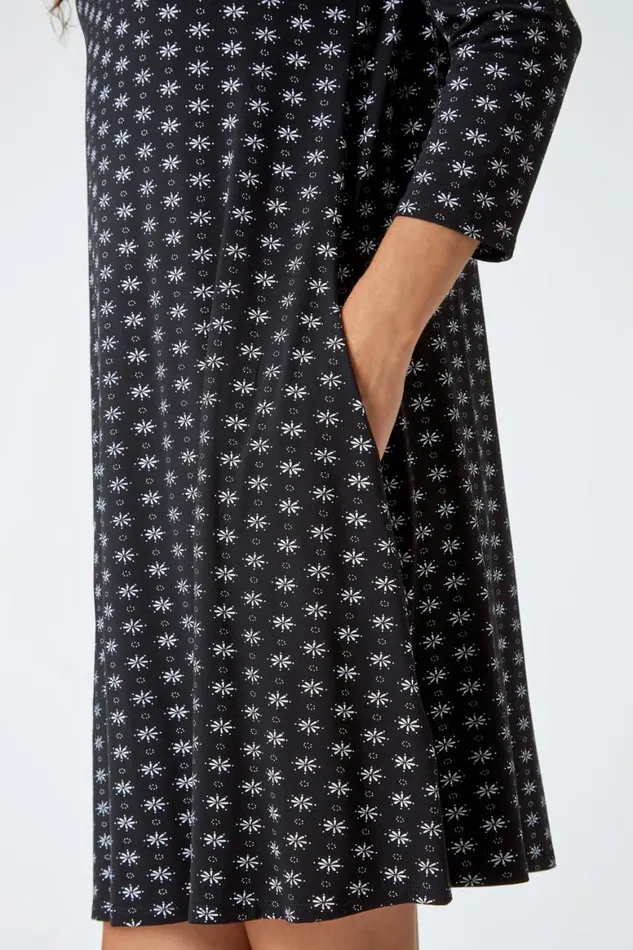 Women Black Ditsy Print Swing Stretch Dress Roman Dresses