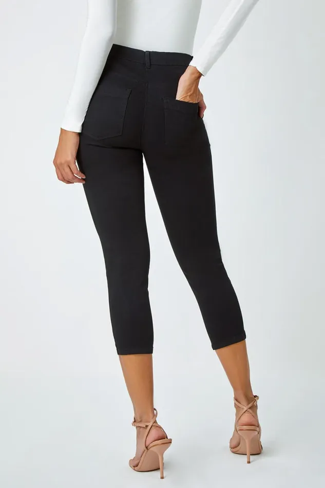Women Black Elastic Waist Cropped Denim Jegging Roman Coords
