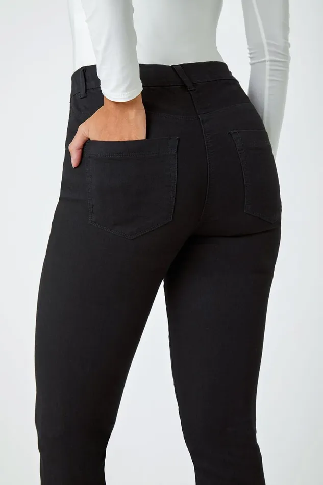 Women Black Elastic Waist Cropped Denim Jegging Roman Coords