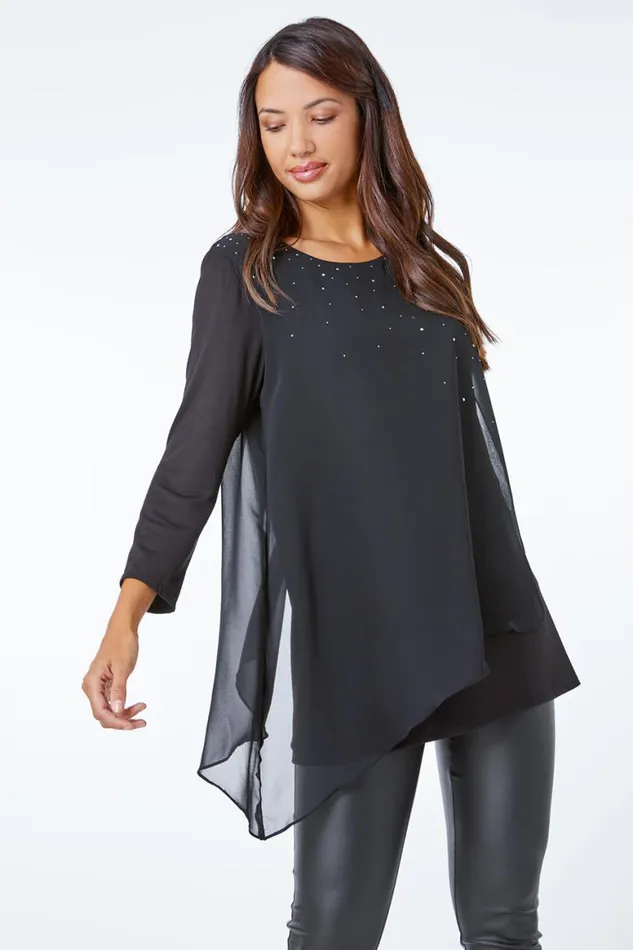 Women Black Embellished Chiffon Overlay Top Roman Tops