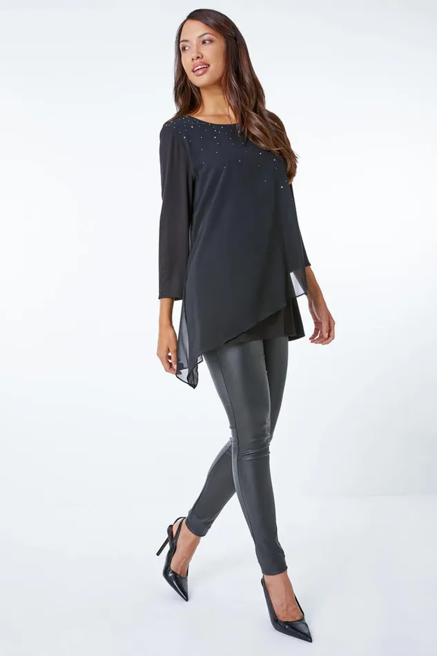 Women Black Embellished Chiffon Overlay Top Roman Tops