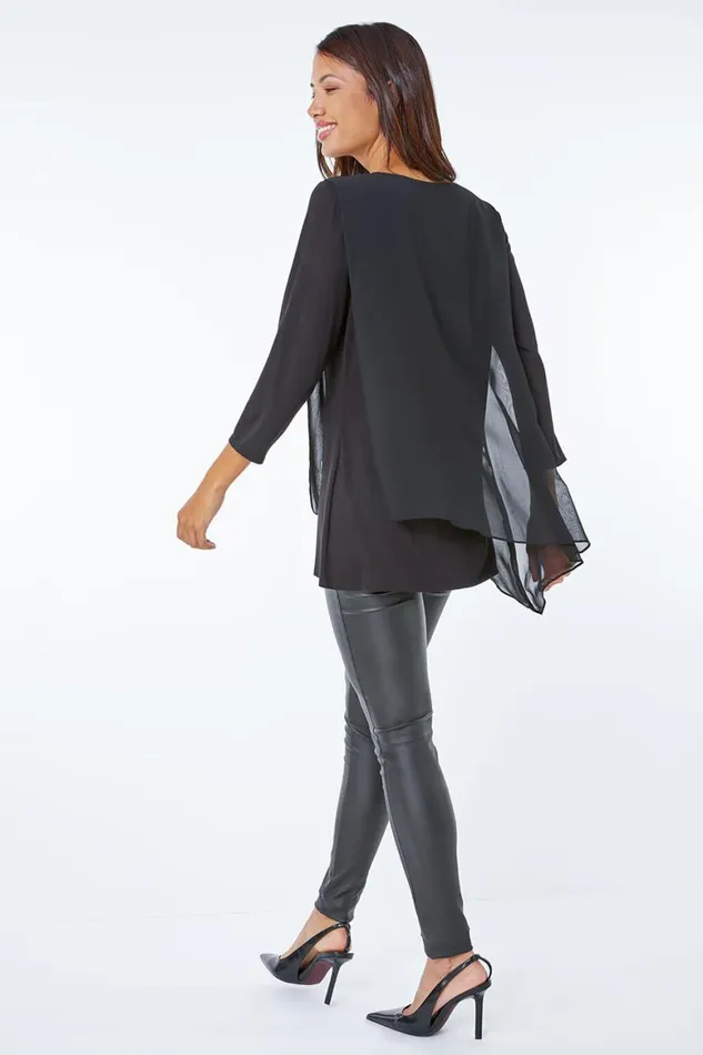 Women Black Embellished Chiffon Overlay Top Roman Tops