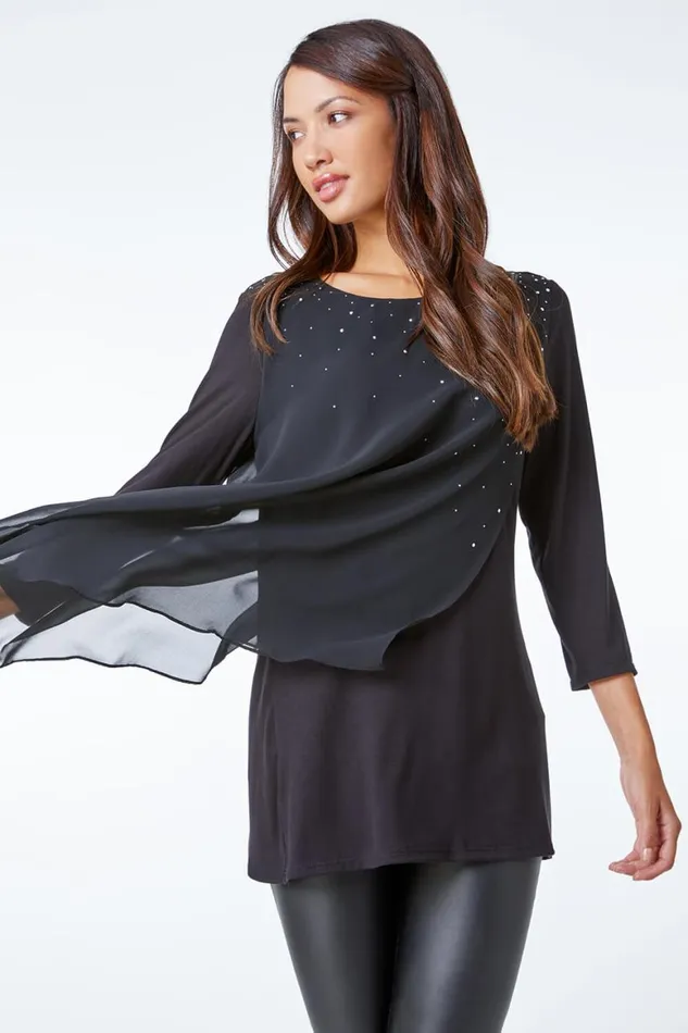 Women Black Embellished Chiffon Overlay Top Roman Tops