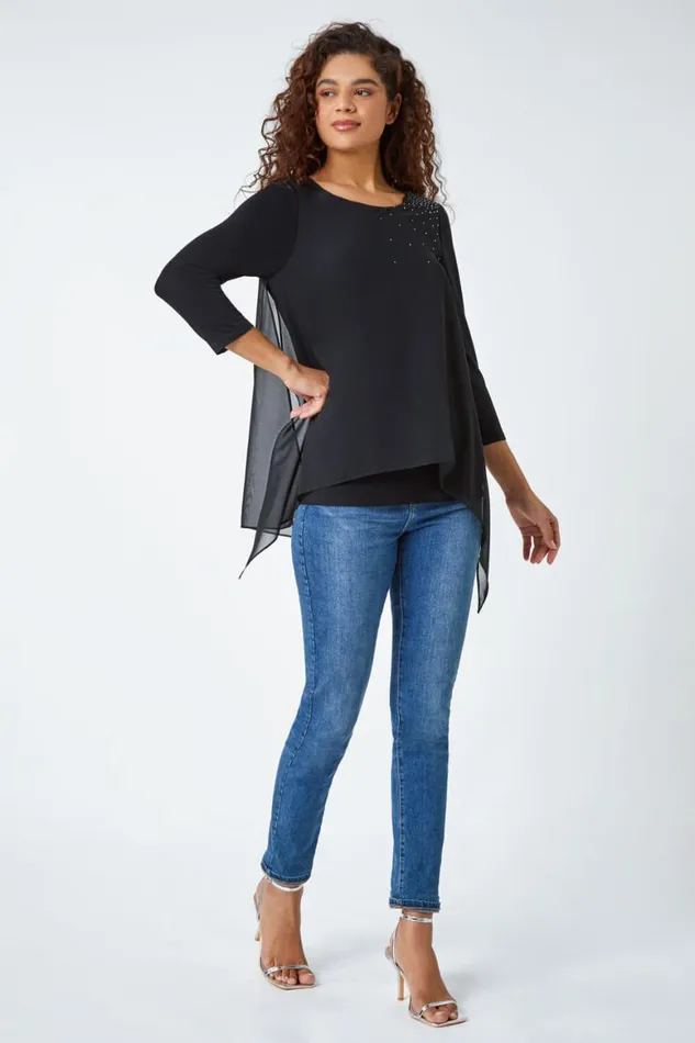 Women Black Embellished Chiffon Tunic Stretch Top Roman Tops
