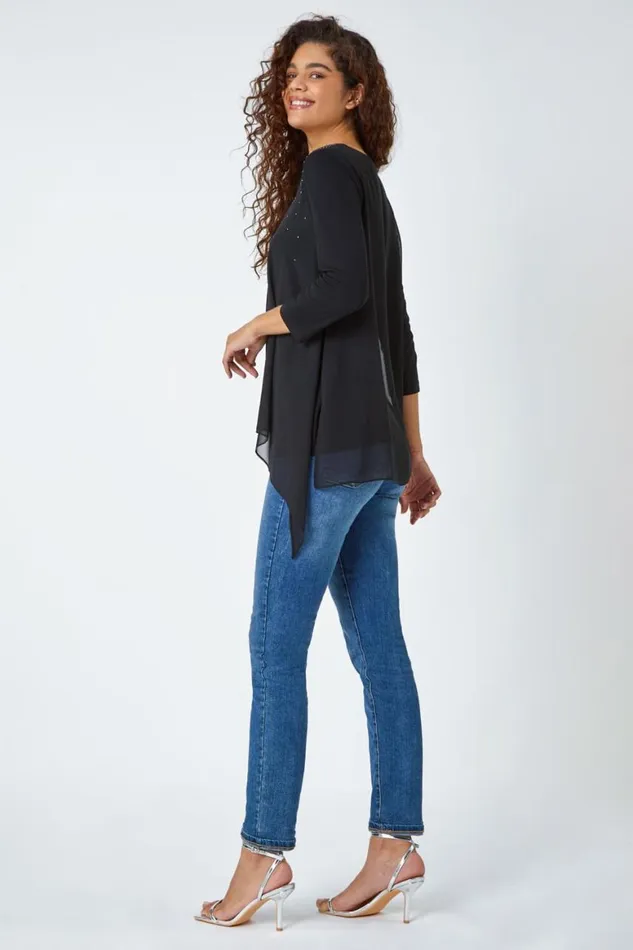 Women Black Embellished Chiffon Tunic Stretch Top Roman Tops