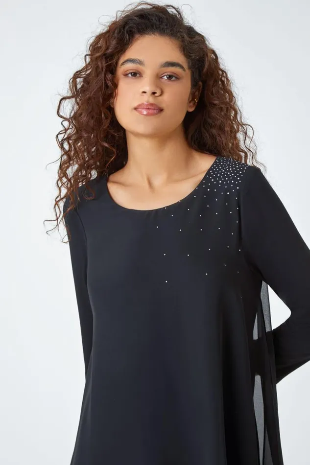 Women Black Embellished Chiffon Tunic Stretch Top Roman Tops