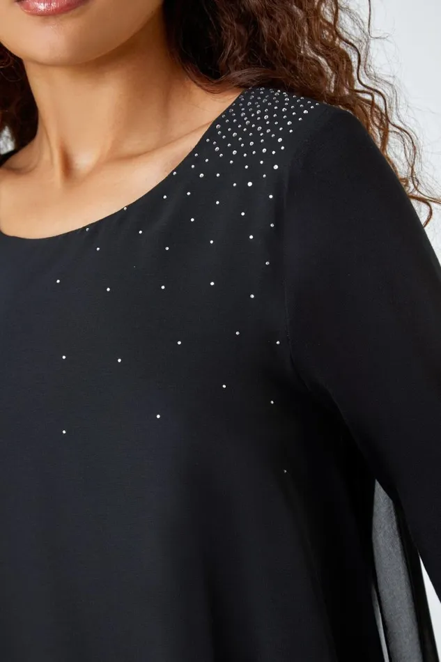 Women Black Embellished Chiffon Tunic Stretch Top Roman Tops