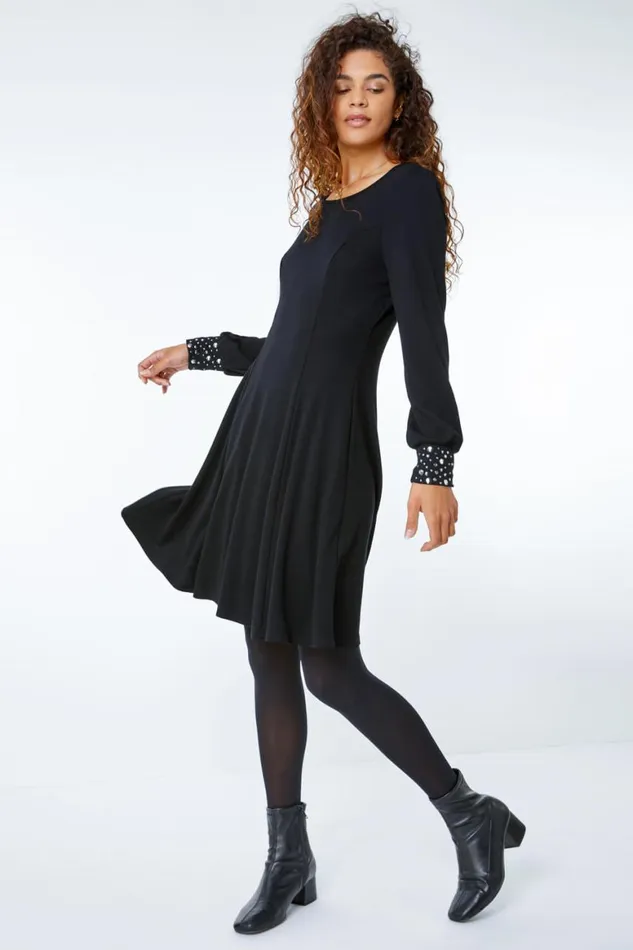 Women Black Embellished Cuff Skater Dress Roman Dresses