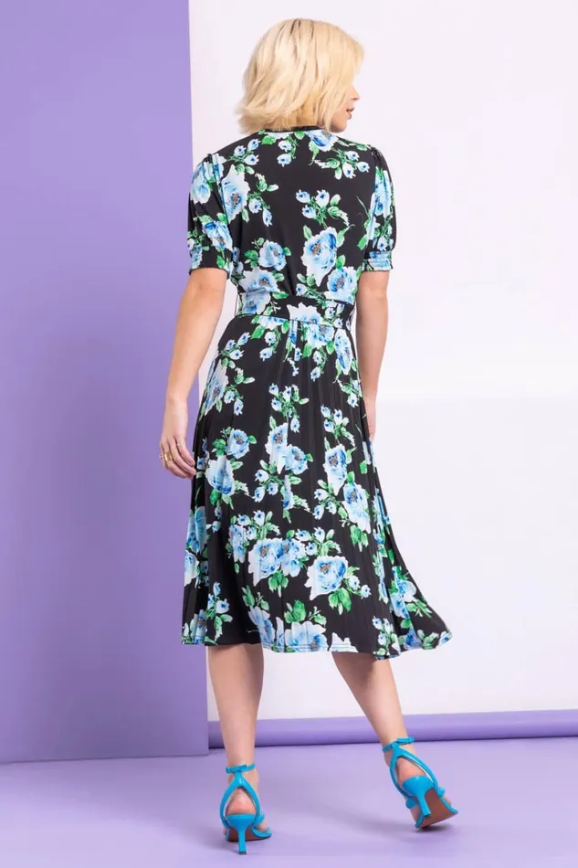 Women Black Floral Pleated Fit and Flare Dress Roman Dresses