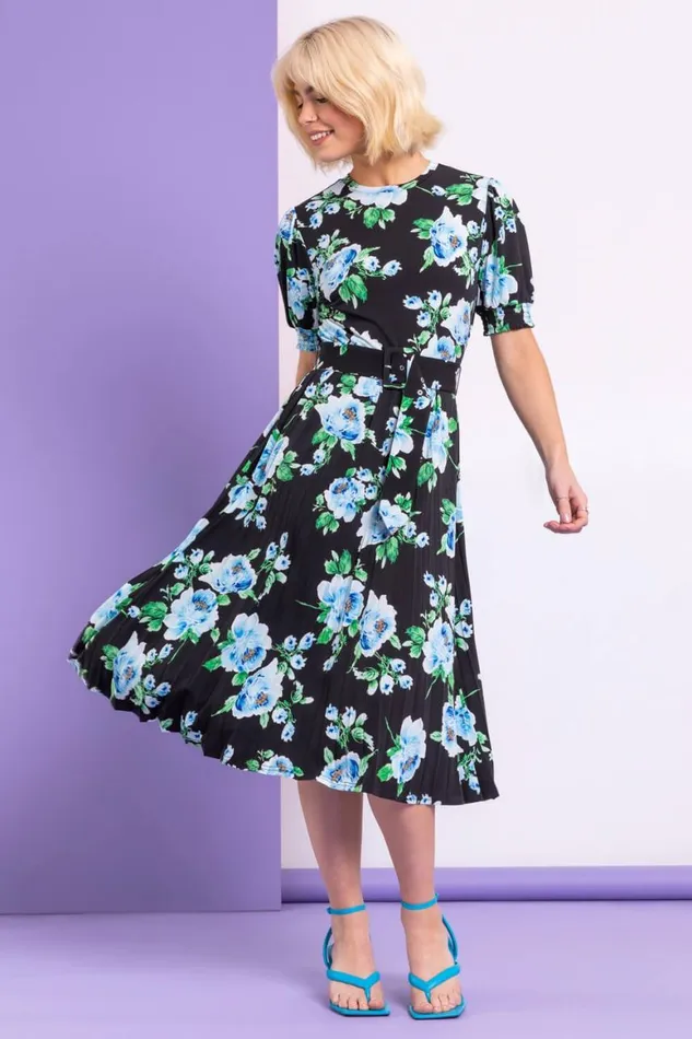 Women Black Floral Pleated Fit and Flare Dress Roman Dresses