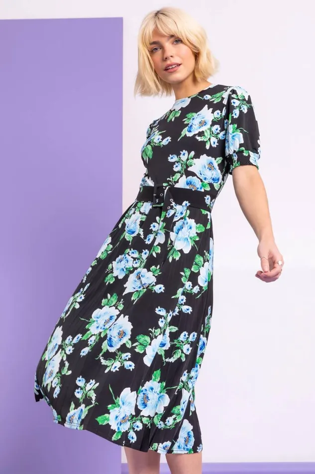 Women Black Floral Pleated Fit and Flare Dress Roman Dresses