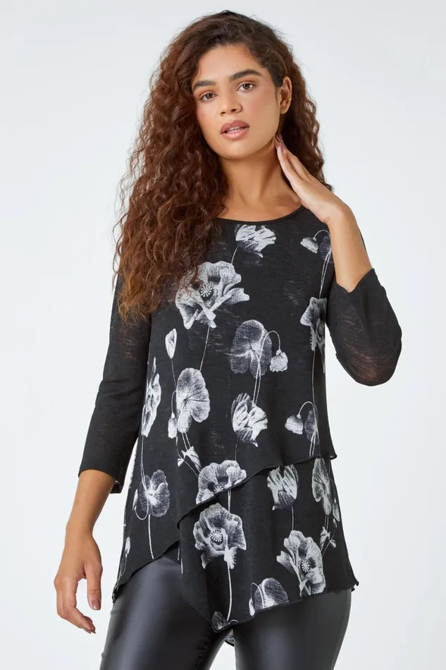 Women Black Floral Print Asymmetric Stretch Top Roman Tops