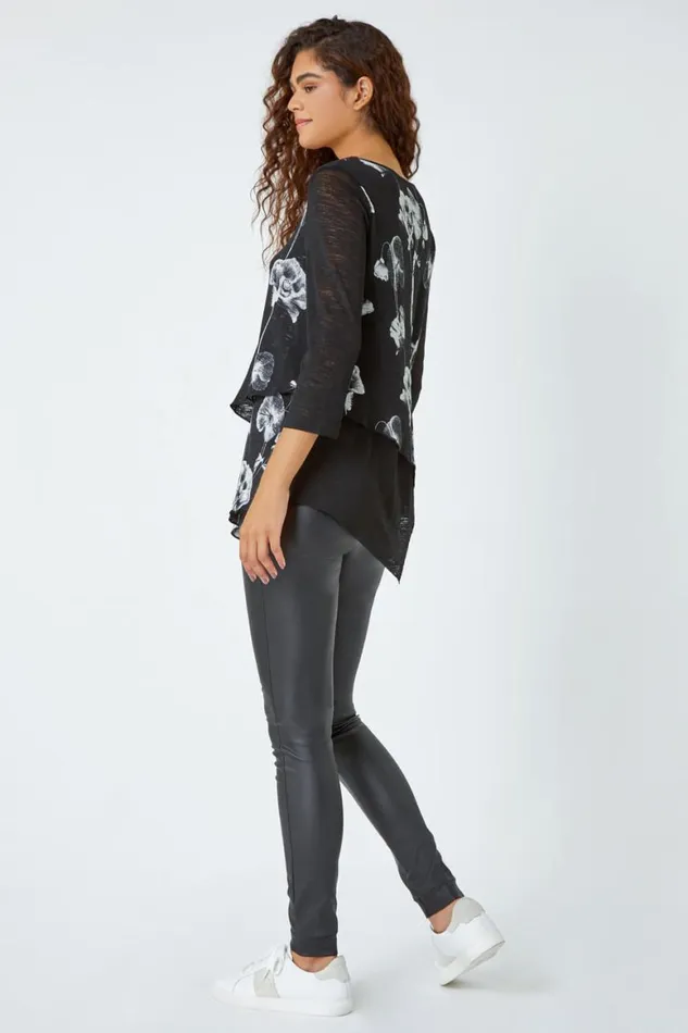 Women Black Floral Print Asymmetric Stretch Top Roman Tops