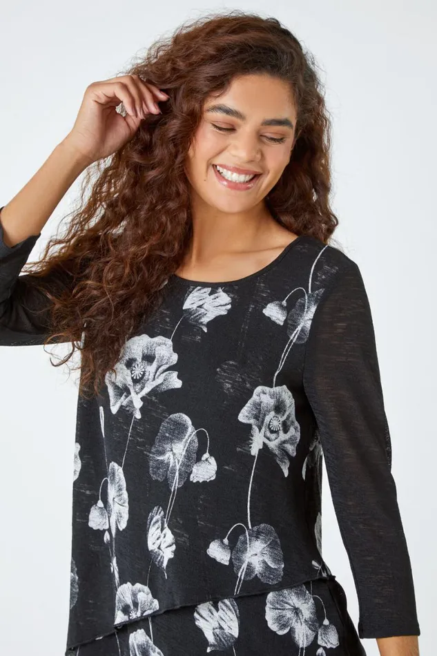 Women Black Floral Print Asymmetric Stretch Top Roman Tops