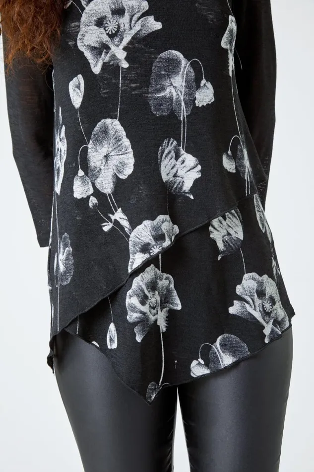 Women Black Floral Print Asymmetric Stretch Top Roman Tops