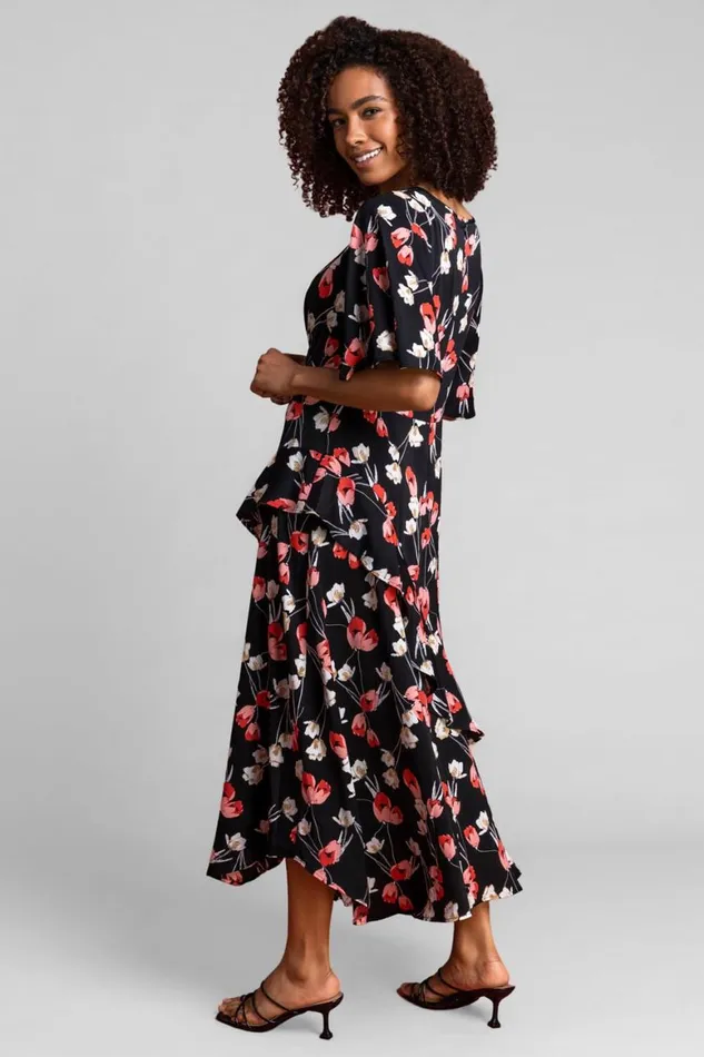 Women Black Floral Print Chiffon Midi Dress Roman Dresses