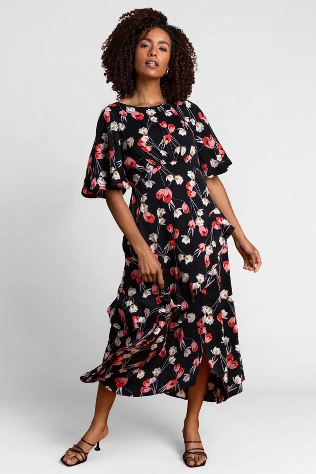 Women Black Floral Print Chiffon Midi Dress Roman Dresses
