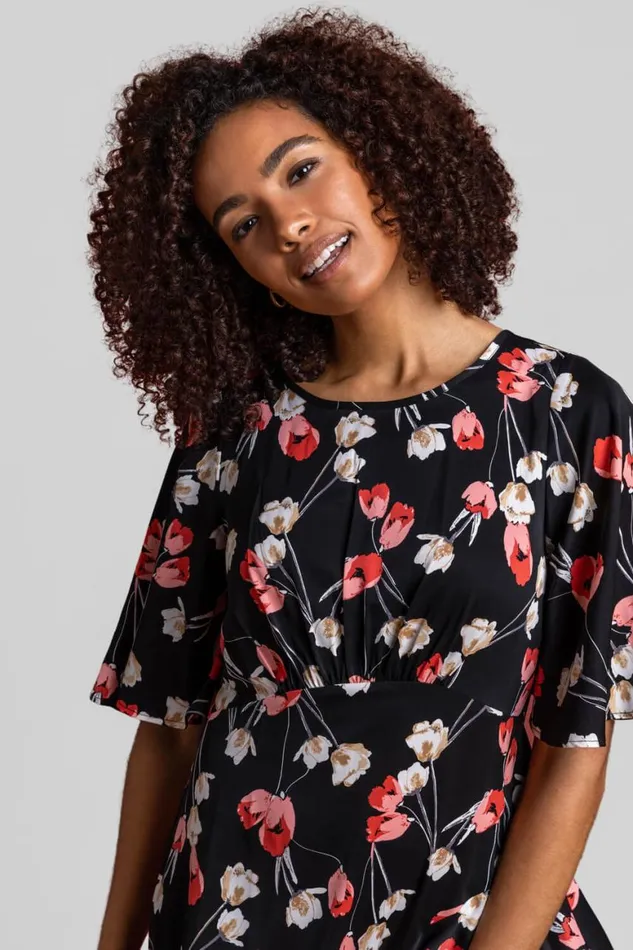 Women Black Floral Print Chiffon Midi Dress Roman Dresses