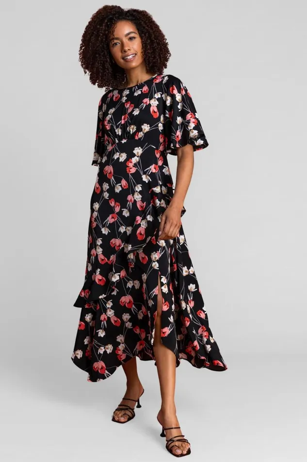 Women Black Floral Print Chiffon Midi Dress Roman Dresses