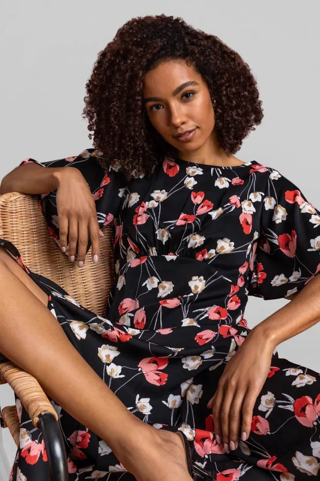 Women Black Floral Print Chiffon Midi Dress Roman Dresses