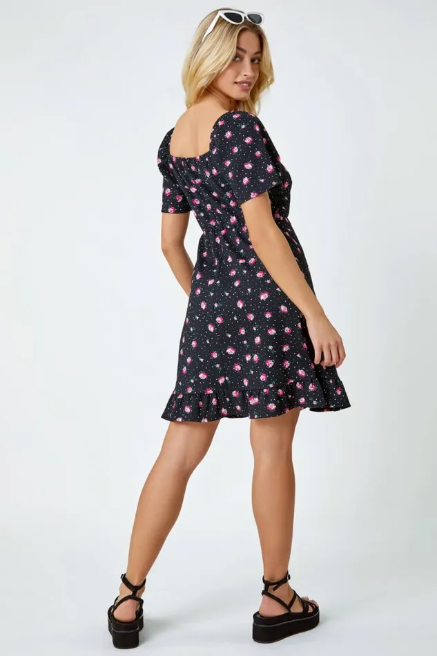 Women Black Floral Print Frill Hem Mini Dress Roman Dresses
