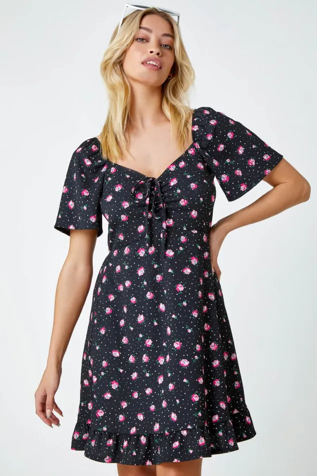 Women Black Floral Print Frill Hem Mini Dress Roman Dresses