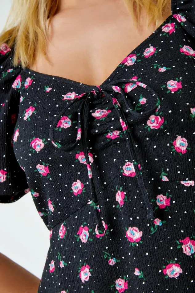 Women Black Floral Print Frill Hem Mini Dress Roman Dresses