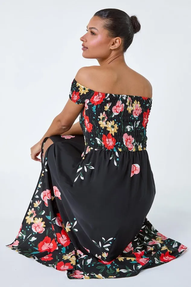 Women Black Floral Shirred Bardot Maxi Dress Roman Dresses