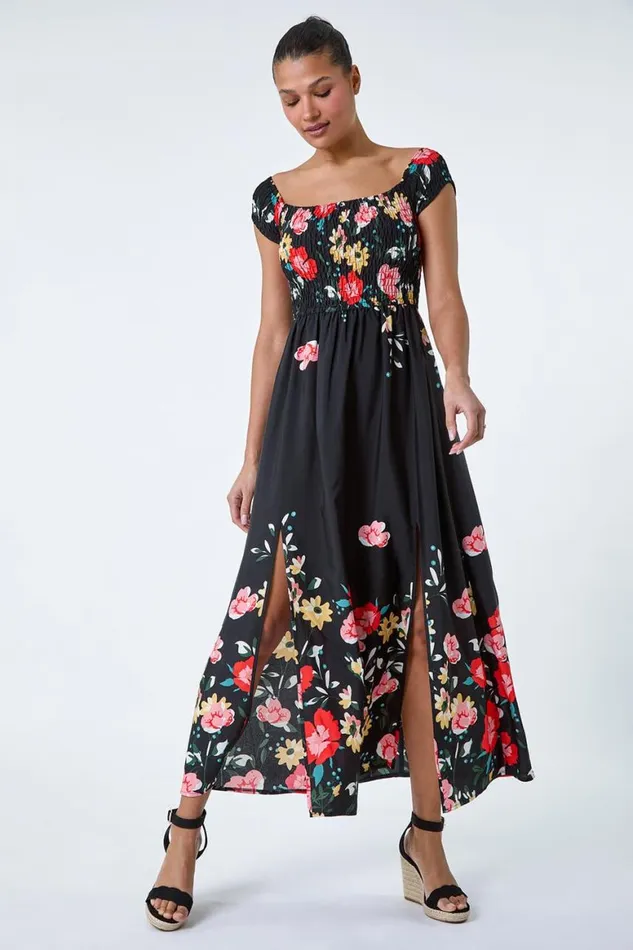 Women Black Floral Shirred Bardot Maxi Dress Roman Dresses