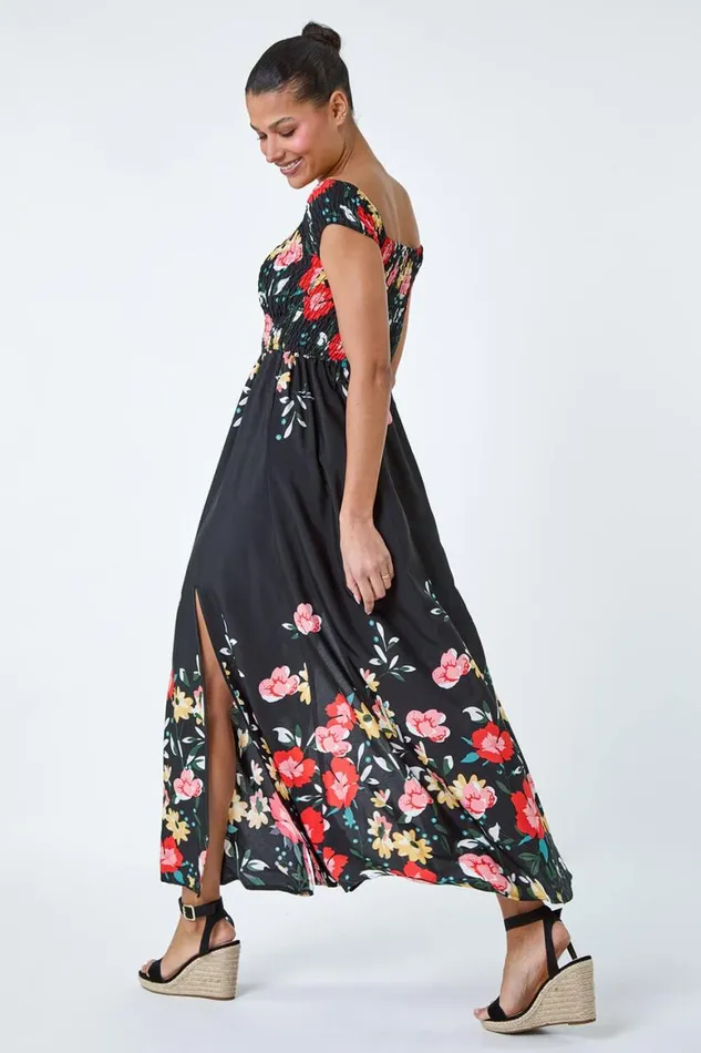 Women Black Floral Shirred Bardot Maxi Dress Roman Dresses