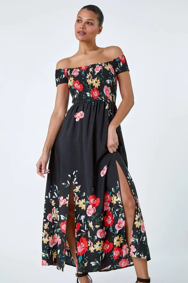 Women Black Floral Shirred Bardot Maxi Dress Roman Dresses