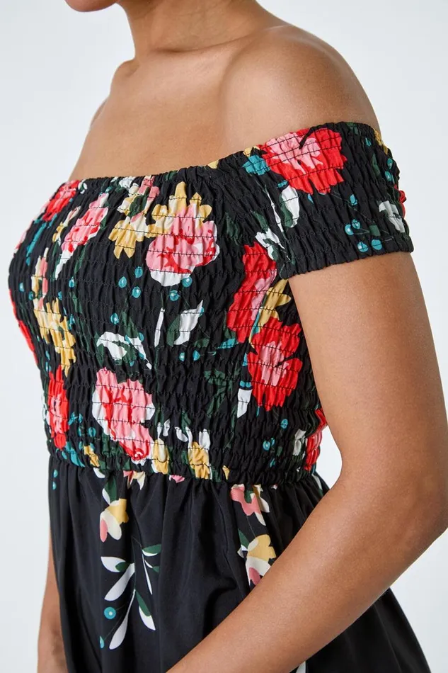 Women Black Floral Shirred Bardot Maxi Dress Roman Dresses