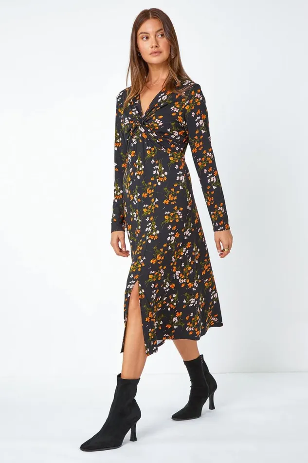 Women Black Floral Twist Front Midi Stretch Dress Roman Dresses