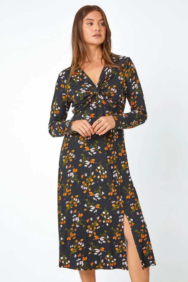 Women Black Floral Twist Front Midi Stretch Dress Roman Dresses