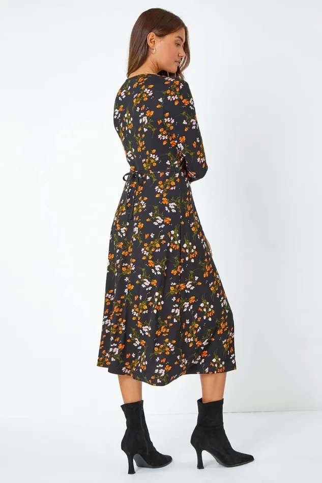 Women Black Floral Twist Front Midi Stretch Dress Roman Dresses