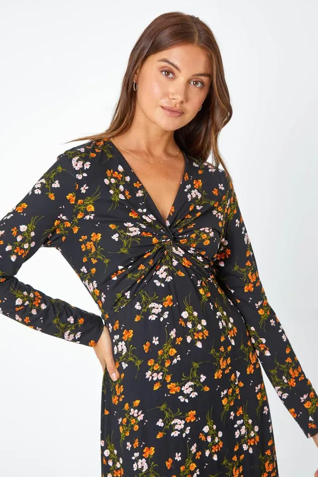 Women Black Floral Twist Front Midi Stretch Dress Roman Dresses