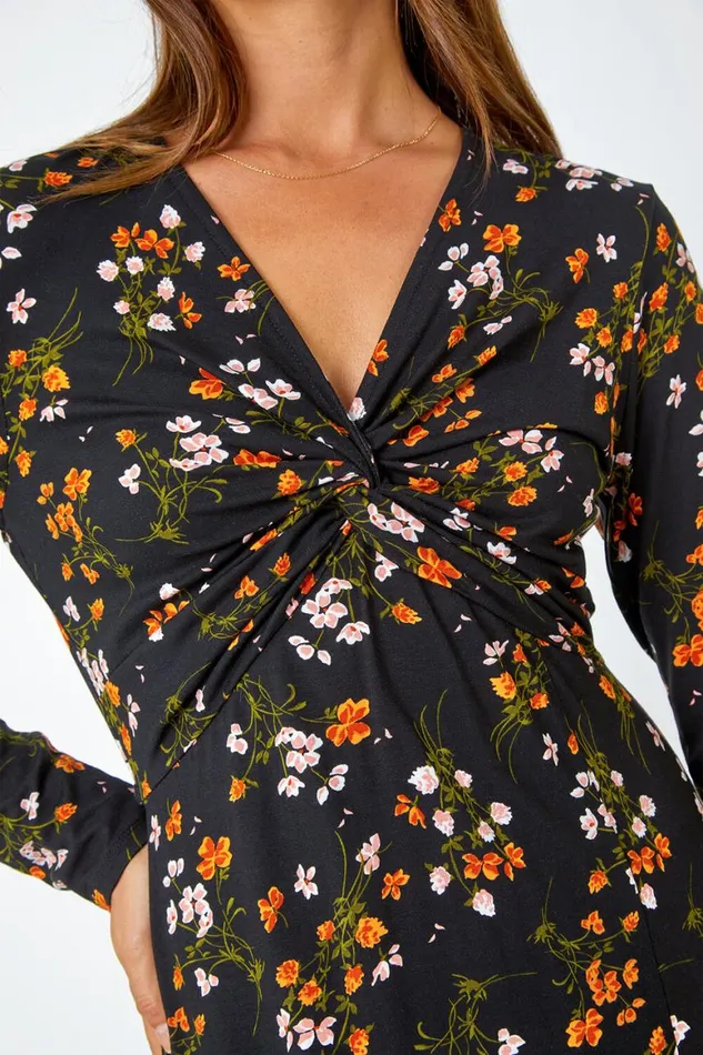 Women Black Floral Twist Front Midi Stretch Dress Roman Dresses