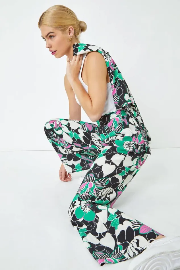 Women Black Floral Wide Leg Trousers Roman Occasionwear
