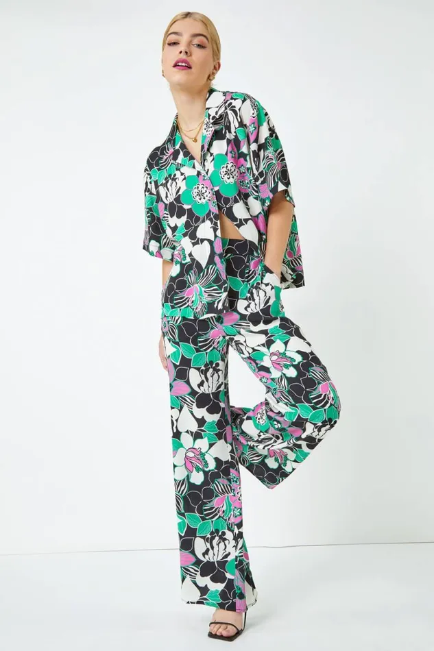 Women Black Floral Wide Leg Trousers Roman Occasionwear