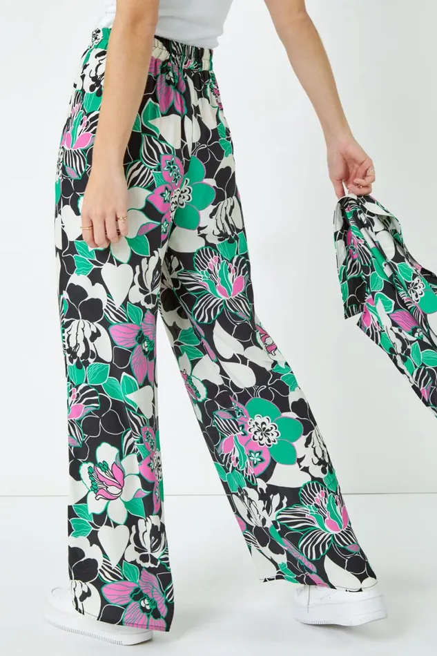 Women Black Floral Wide Leg Trousers Roman Occasionwear